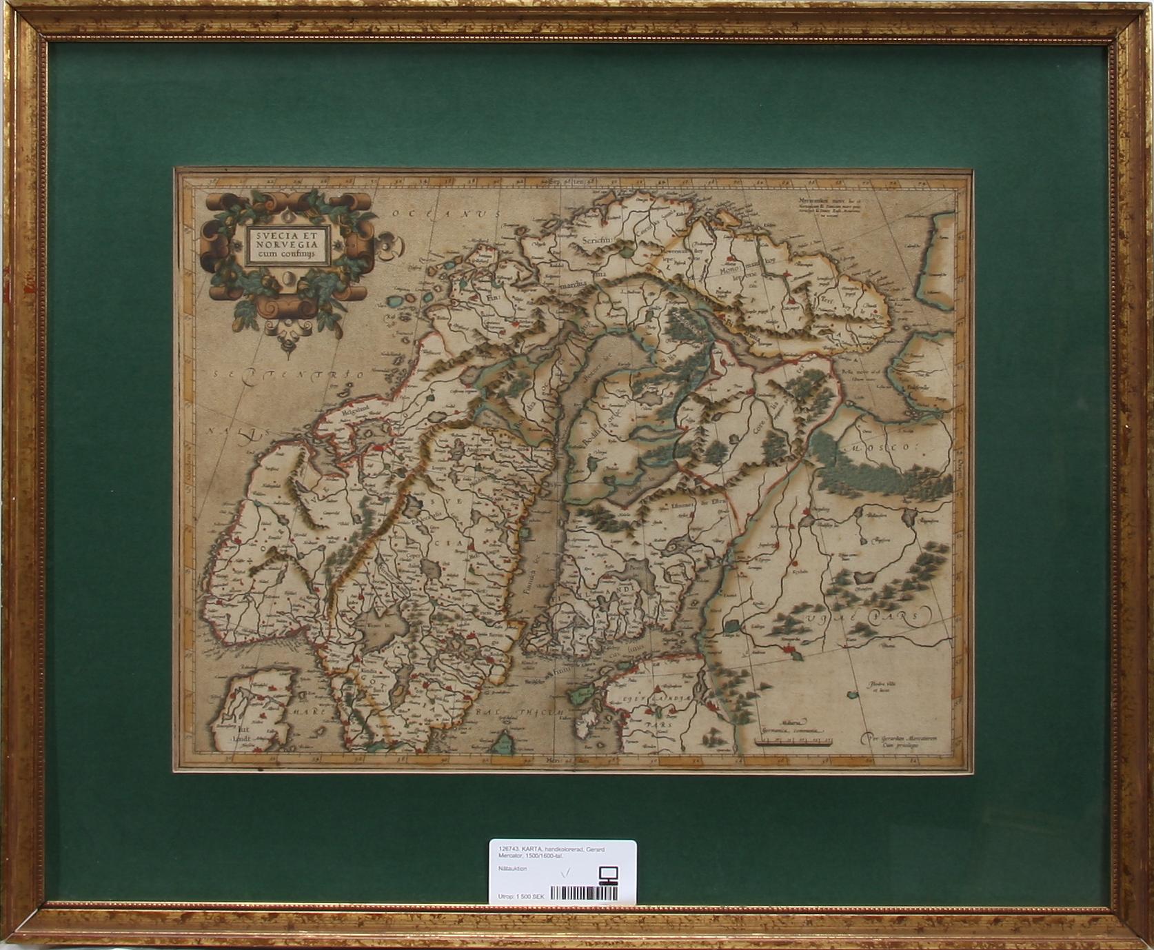 KARTA, handkolorerad, Gerard Mercator, 1500/1600-tal.