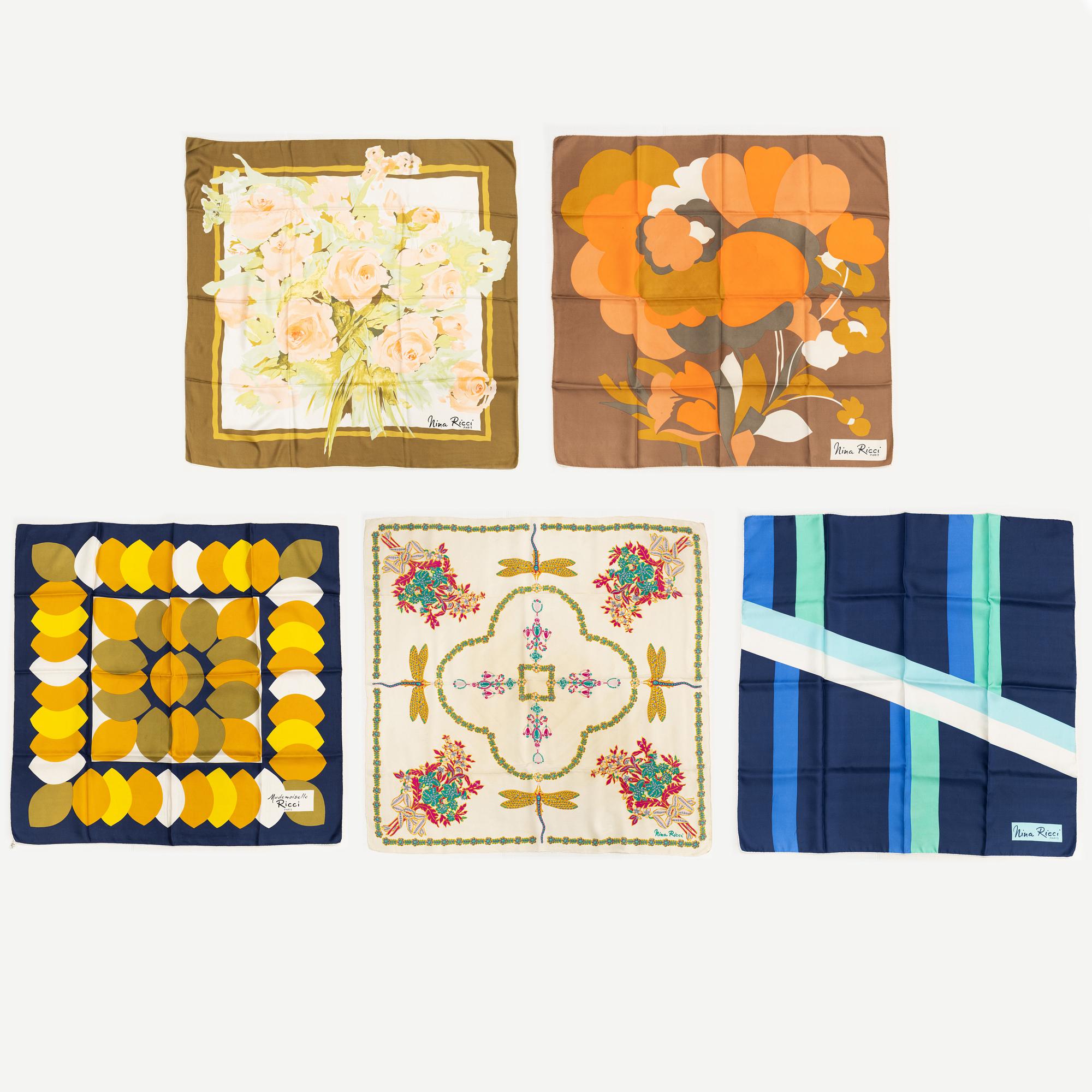 Nina Ricci, five silk scarves.