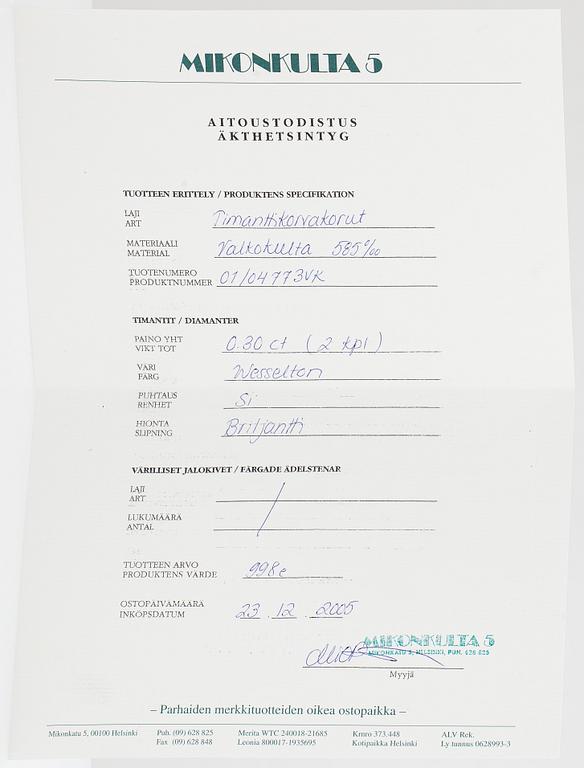 Örhängen, ett par, 14K vitguld och briljantslipade diamanter ca 0.30 ct sammanlagt. Med intyg.