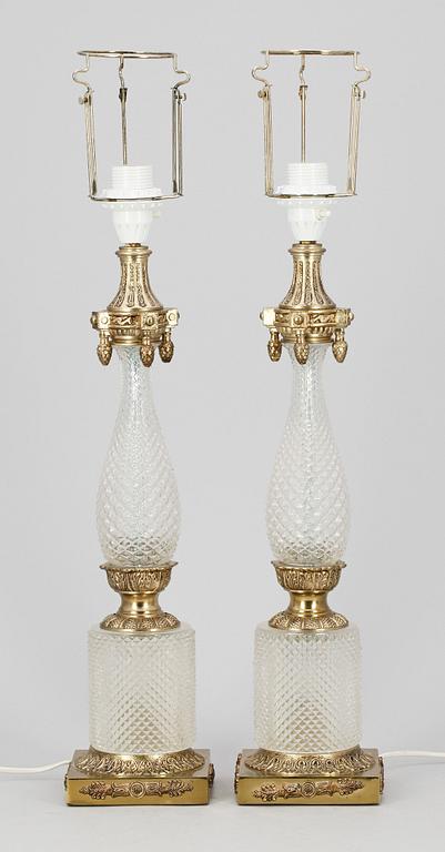 LAMPOR, ett par, gulmetall och glas, empirestil, 1900-talets andra hälft.