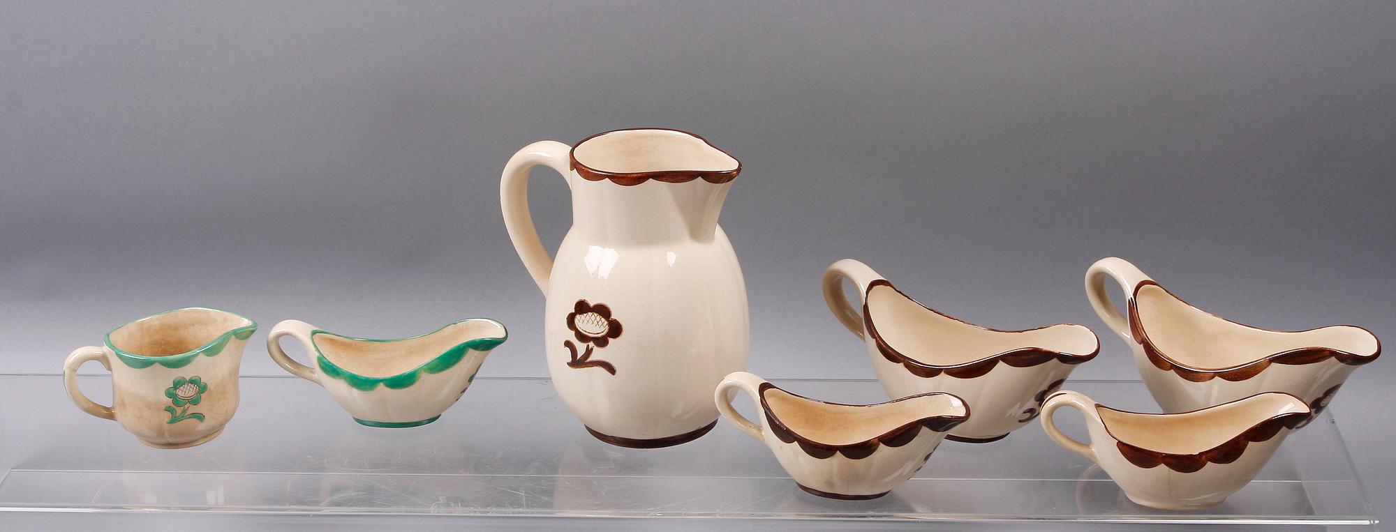 SERVISDELAR, 7 st, "Pyro Brun" samt "Pyro Grön", Wilhelm Kåge, Gustavsberg.