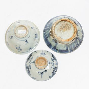 Three blue and white porcelain bowls, China, Ming dynasty (1368-1644).