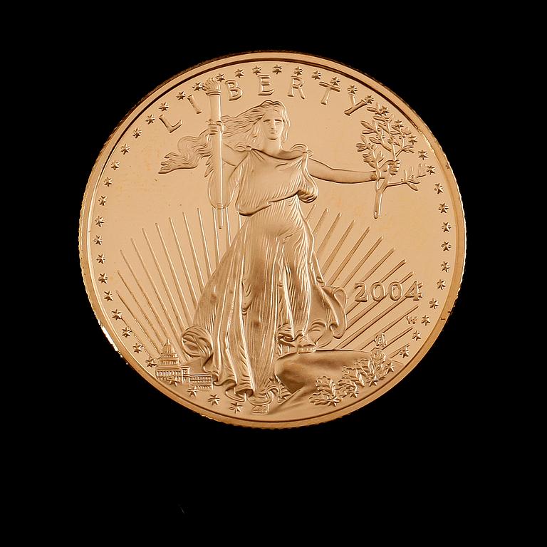 GULDMYNT, fine gold, 25 dollars, Liberty, USA, 2004. Vikt ca 17 gram.