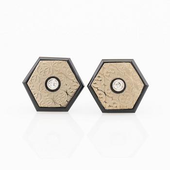 Earrings, a pair, silver and enamel with brilliant-cut diamonds.