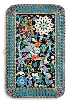 1292. A RUSSIAN SILVER-GILT AND ENAMEL CIGARETT-CASE, makers mark of Pavel Ovchinnikov, Moscow 1880's.