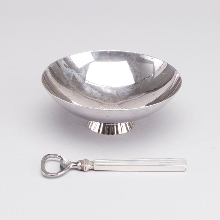 A Danish 20th century set of sterling silver bowl and opener, mark of S Bernadotte and G Jensen, weight ca 315 gr.