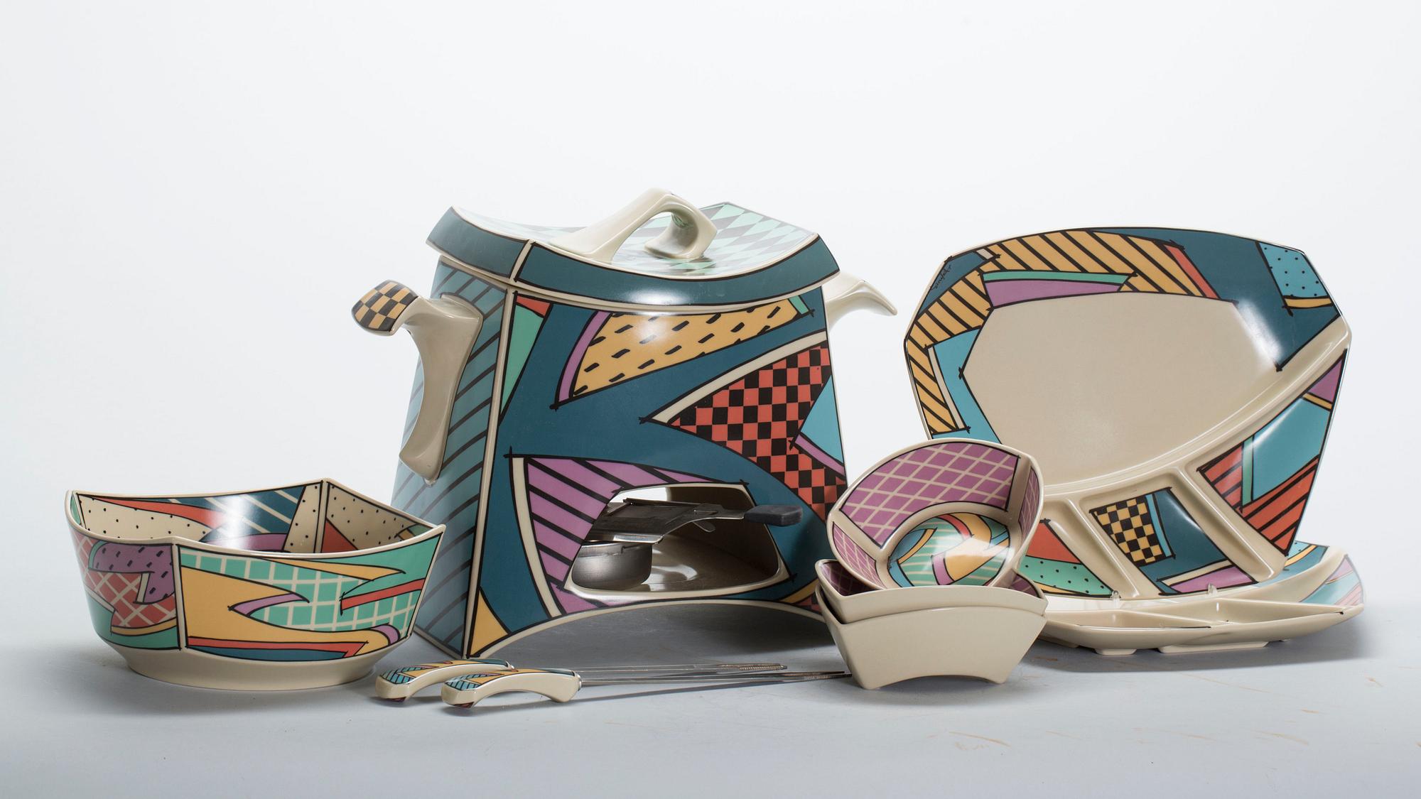 FONDUESET, 9 delar, porslin, "Flash One" Dorothy Hafner, Rosenthal.