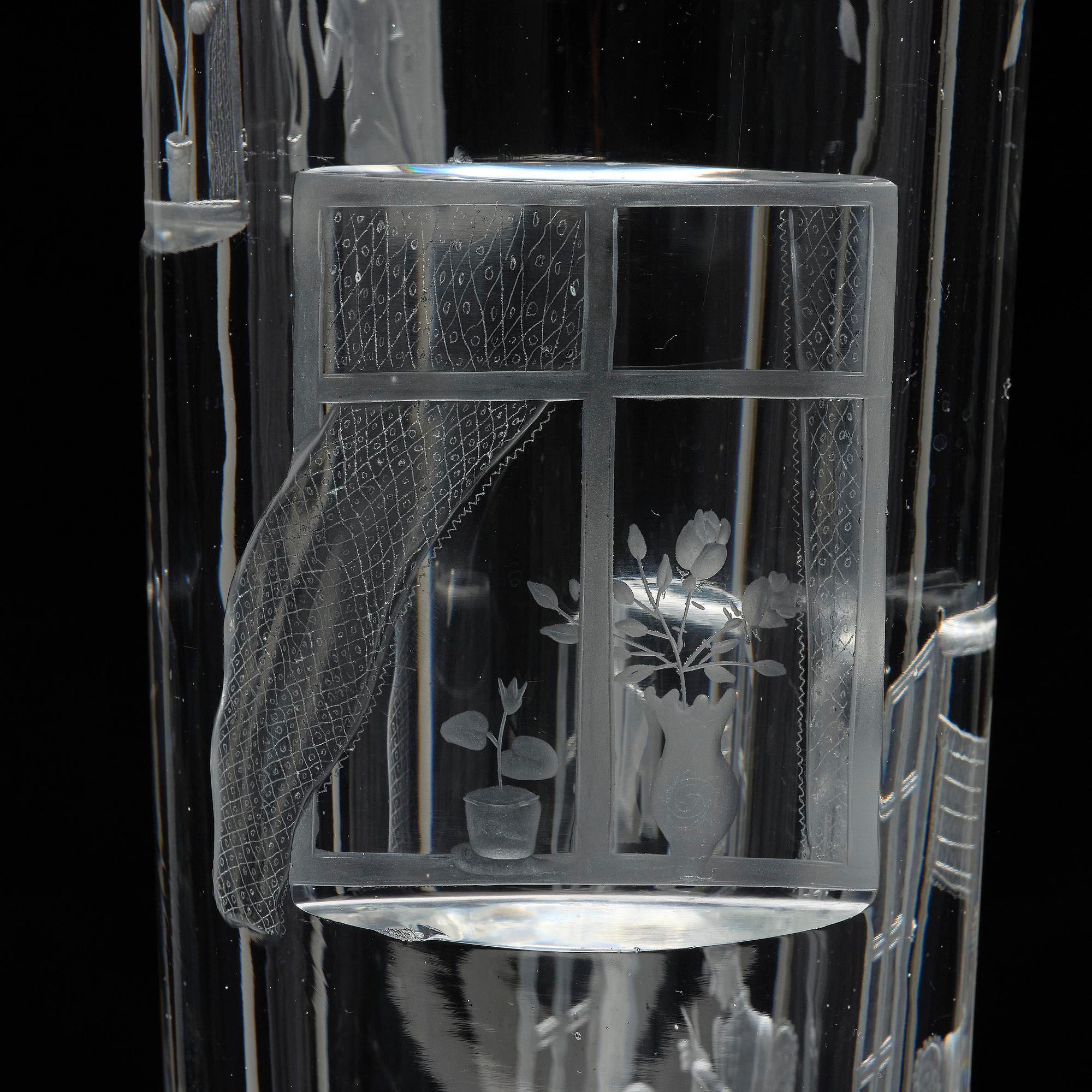 Tapio Wirkkala, a rare engraved "Finestra" glass vase, Iittala, Finland, 1947, model 3220, engraved by Theodor Käppi.