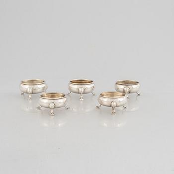 Five English silver salt cellars, circa mid 18th Century.