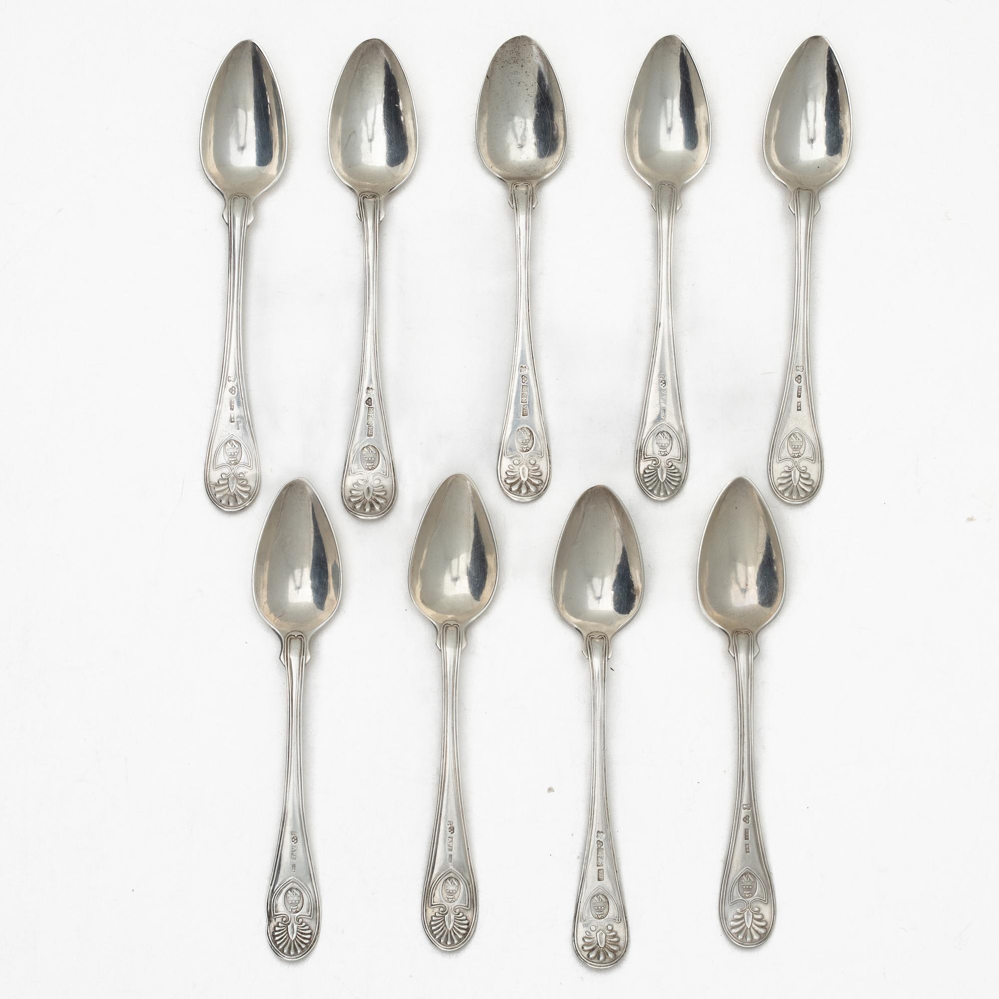Nine Swedish silver teaspoons from Karlskrona, including with mark of Petter Fredrik Sundberg, 1853.