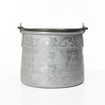 An aluminium bucket, a wooden case, four rings and two miniature knives, Finland and Russia, early 1900s.