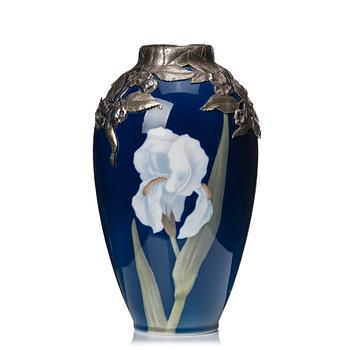 165. Anton Michelsen, & Royal Copenhagen, a porcelain vase with sterling silver mouth, Copenhagen 1910.