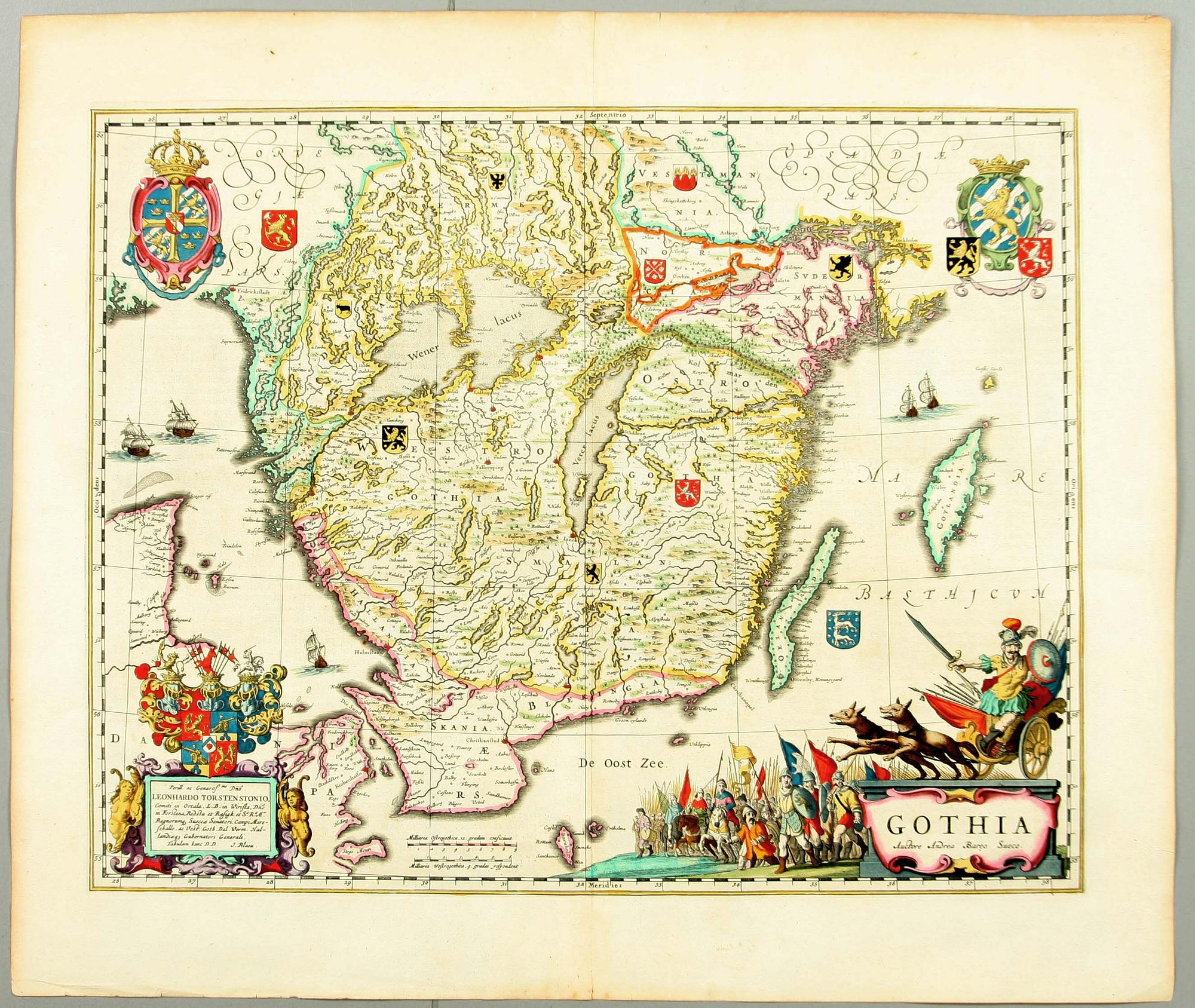 KARTA, kolorerad. "Gothia" J. Blaeu o A. Bureus. 1600/1700-tal.