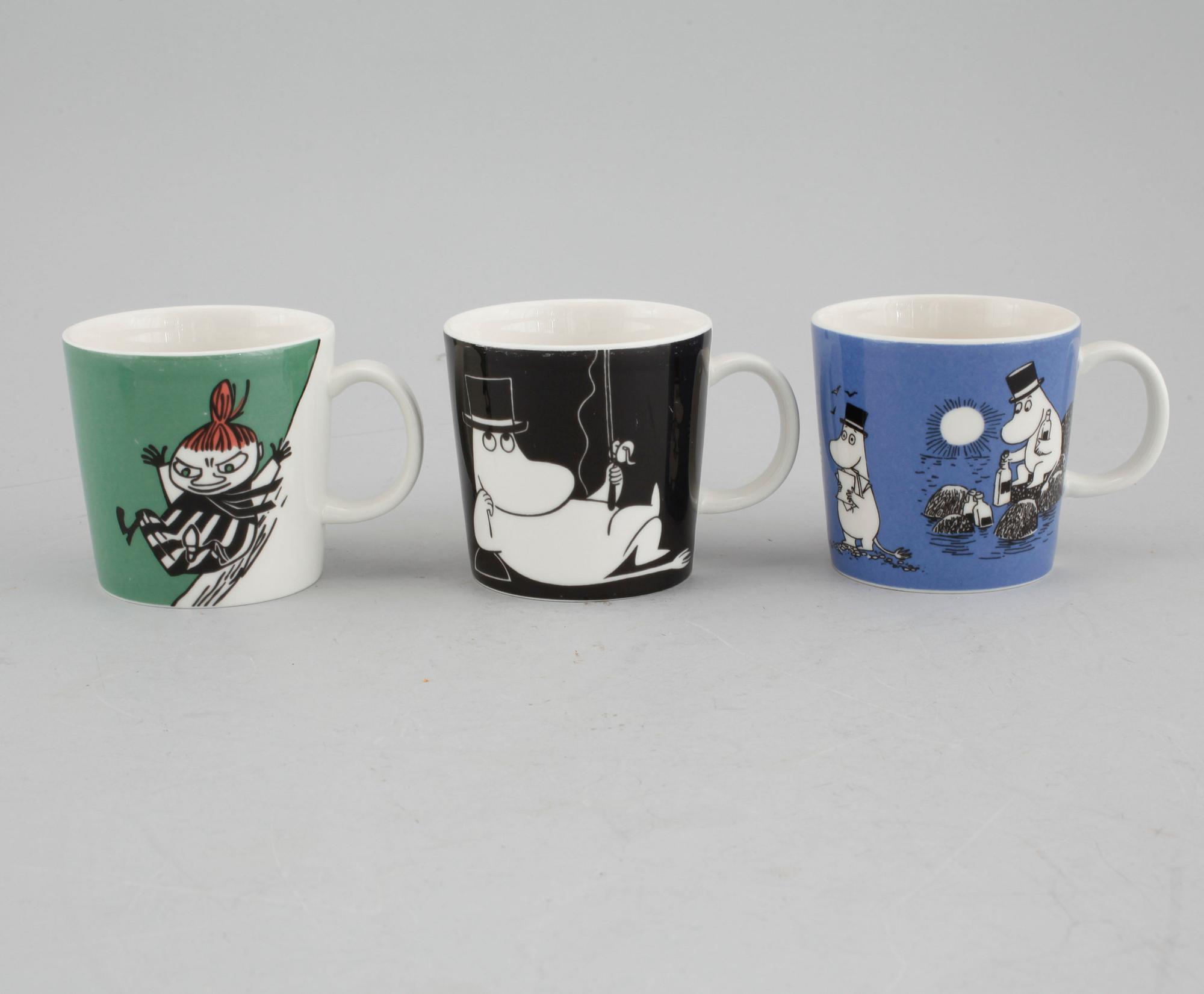 Three porcelain Moomin-characters mugs, Arabia, FInland, 1990s.
