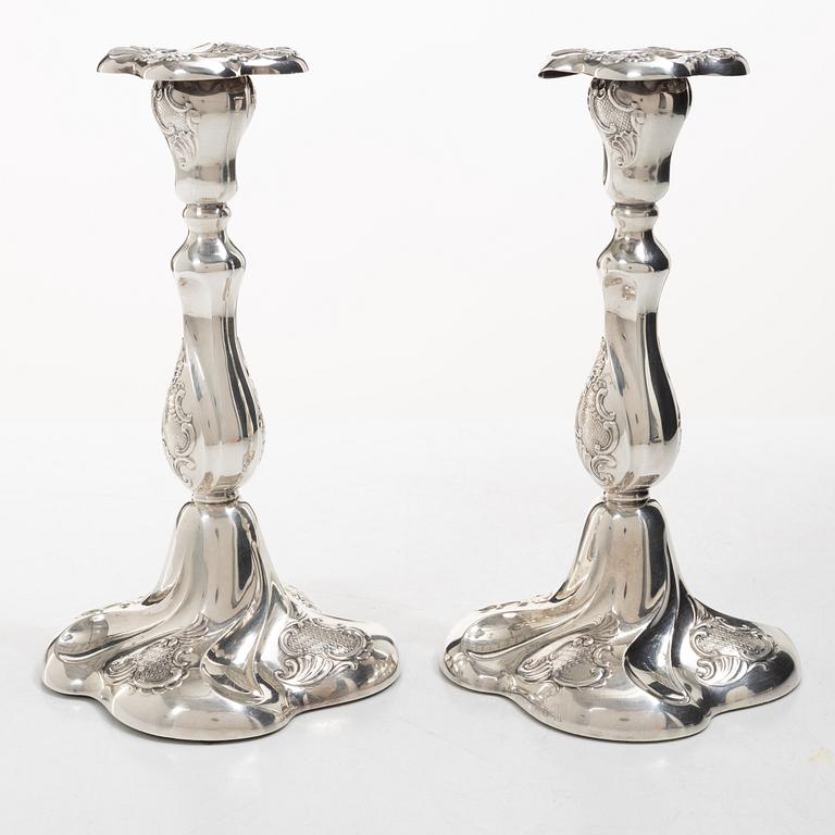 Candlesticks, a pair, silver, Rococo style, Thorvald Marthinsen Sølvvarefabrik, Tönsberg, Norway, 20th century.