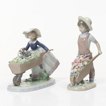 Lladró, 6 figurines, including "Wheelbarrow with flowers", "A barrow of fun", "A walk through blossoms", "Morning melodies".
