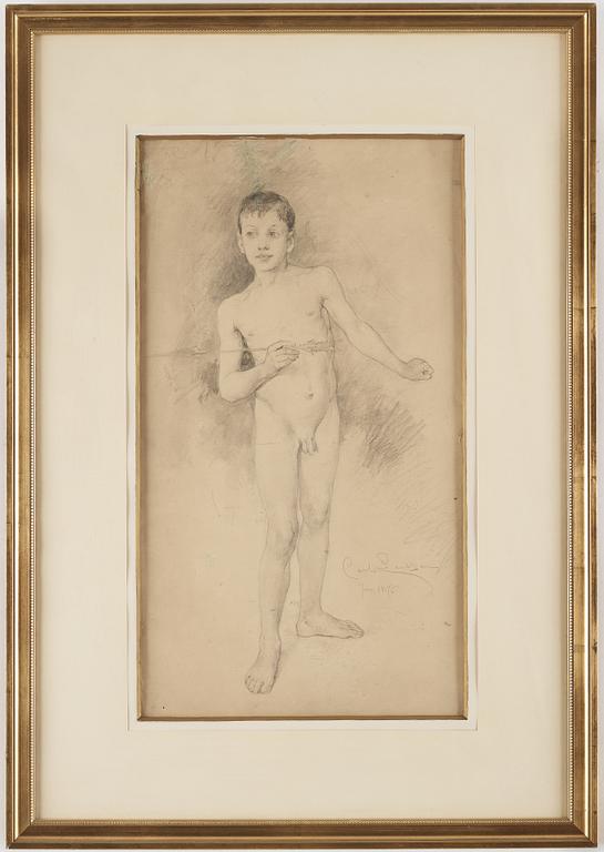 CARL LARSSON, pencil, signed Carl Larsson and dated Juni 1876. "Stående naken gosse med pil i handen".