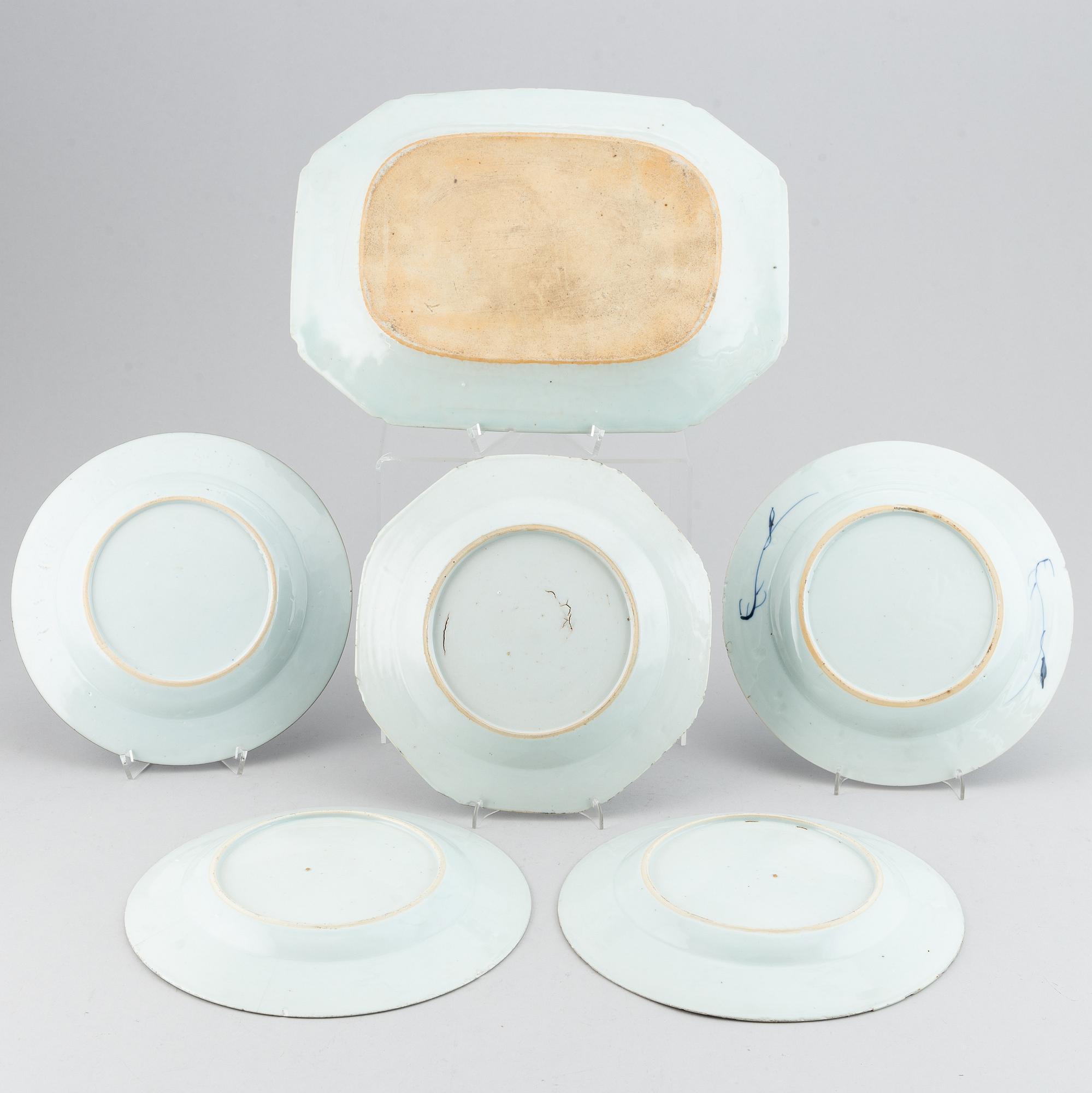 A blue and white serving dish and five odd blue and white dishes, Qing dynasty, 18th Century.