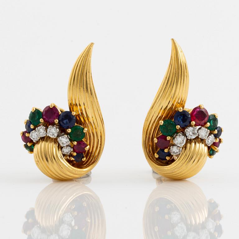 A pair of 18K gold earrings set with round brilliant-cut diamonds and colored stones.