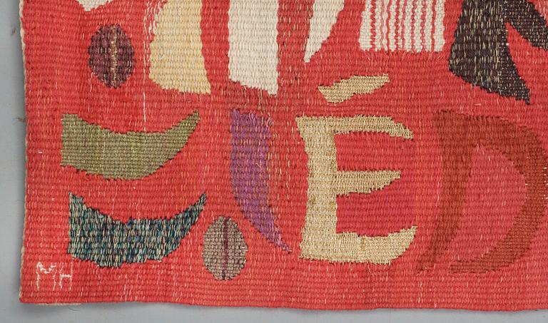 TAPESTRY. "Röda bokstavstrolleriet". Tapestry weave variant (gobelängvariant). 100 x 227,5 cm. Signed MH AB MMF.