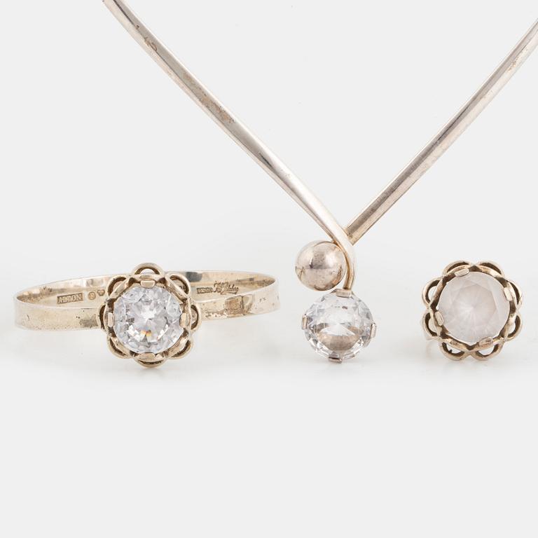 Necklace, ring and bangle, silver and synthetic white spinel by Alton.