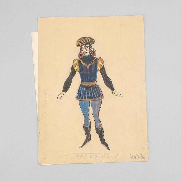 Seven costume sketches by César klein from Shakespears Twelfth Night, signed.