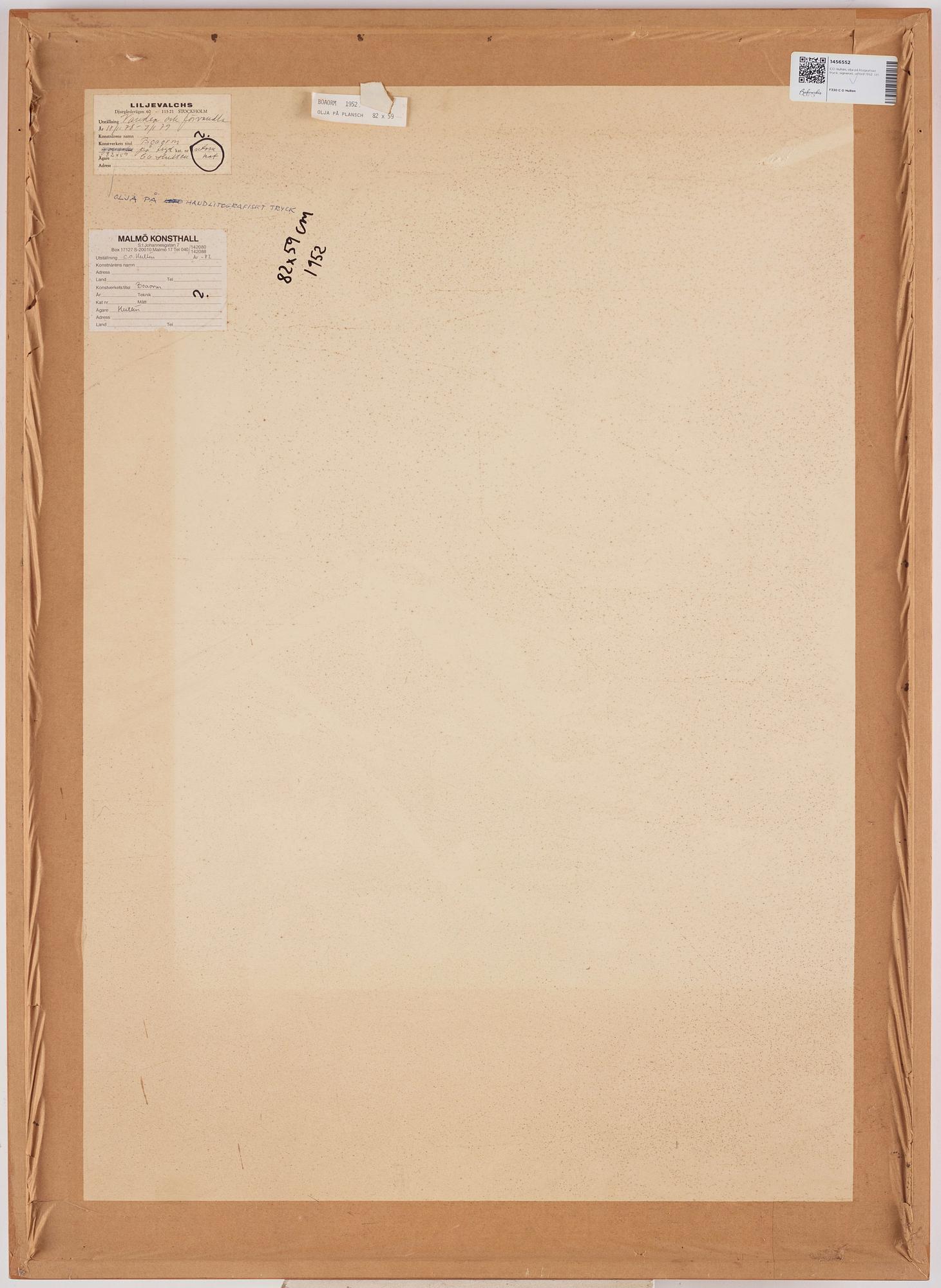 CO Hultén, oil on lithographic print, signed and executed 1952.