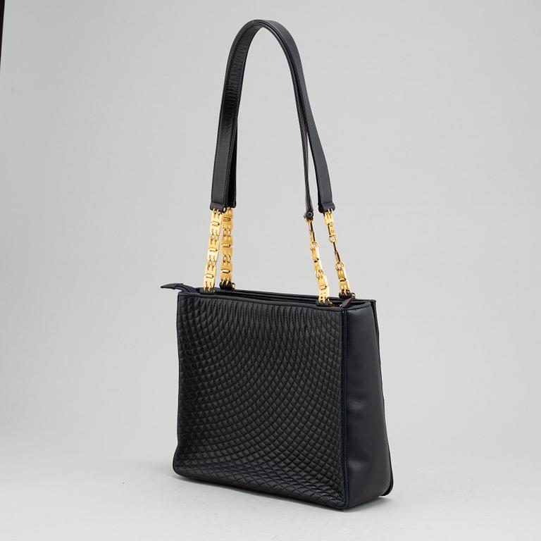 Bally, a navy leather handbag.