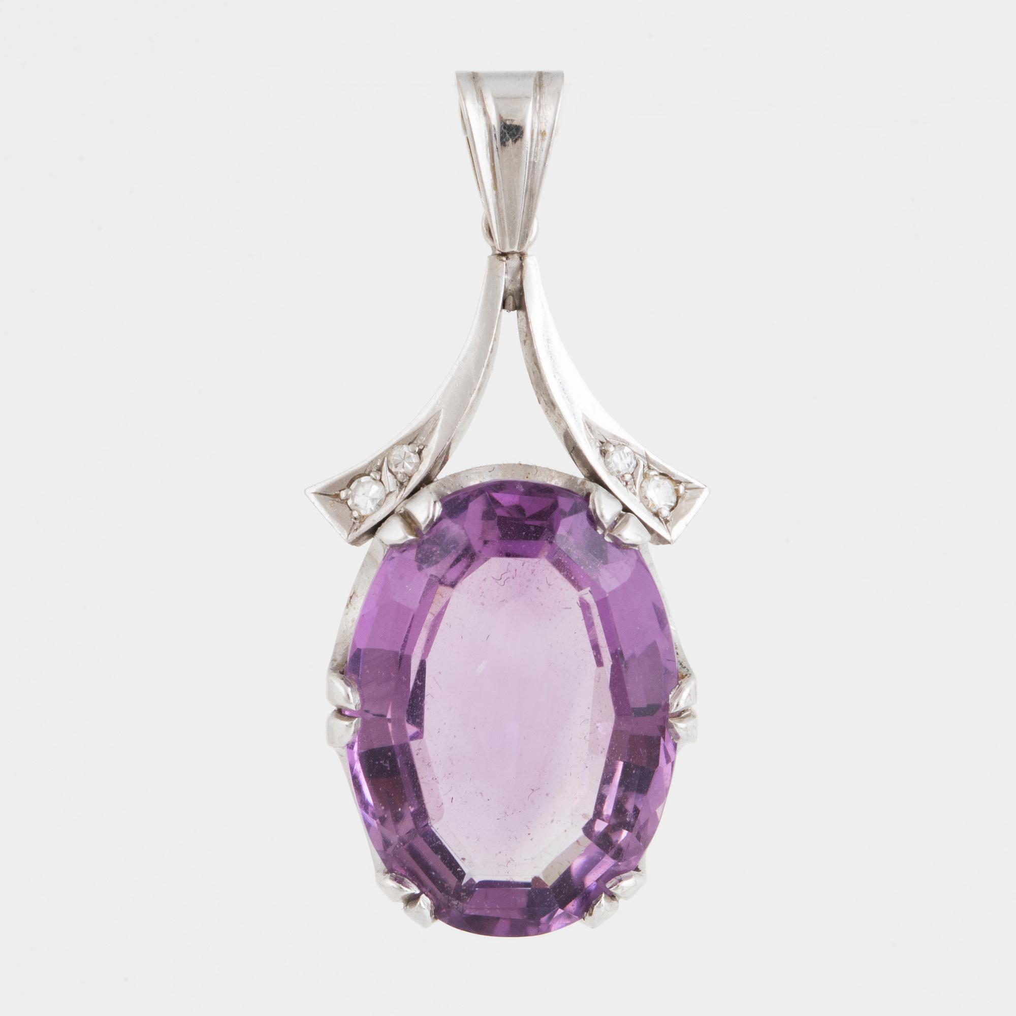 White gold, amethyst and small eight-cut diamond pendant.