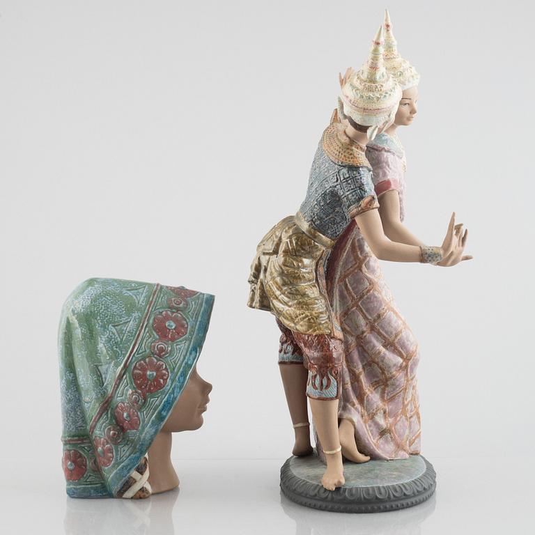 A ceramic "Thailandia" figurine and a figurine head, Lladro, Spain, 1980's.