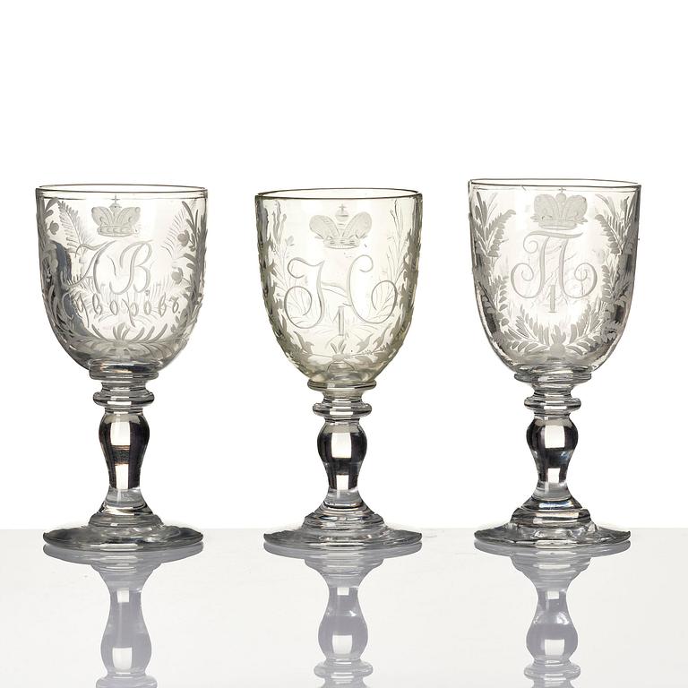 A set of three commemorative Russian glasses, late 19th century.