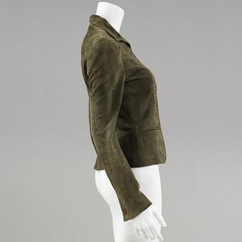 A dark green suede jacket by ralph lauren.