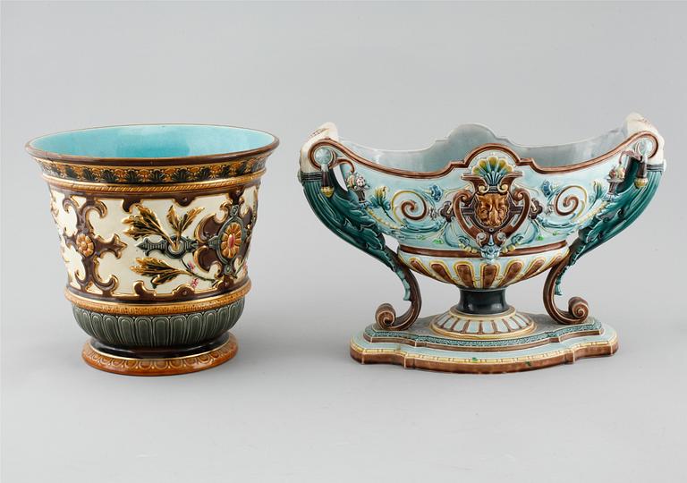 Majolica jardiniere and flower pot from Gustavsberg and Rörstrand respectively, turn of the century 1900.