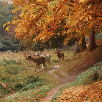 Peder Mork Mönsted, Autumn day in the forest, red deer by a lake.