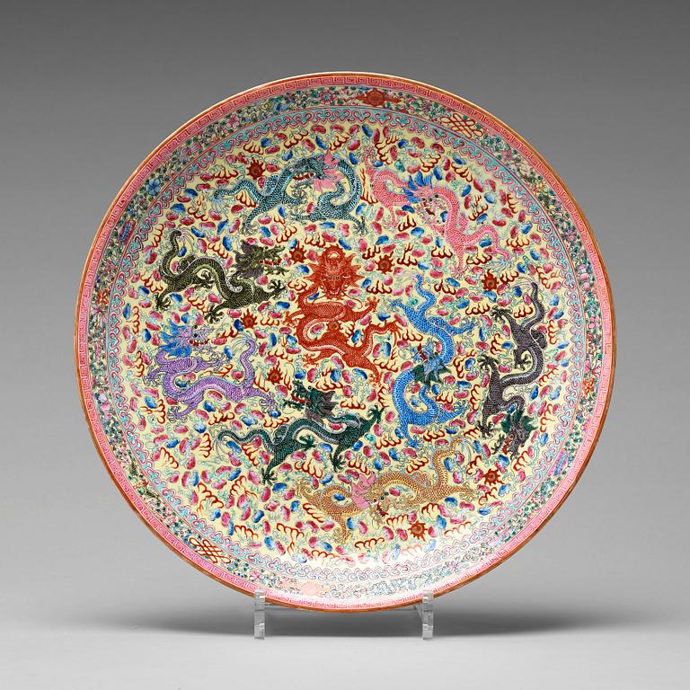 A nine dragon dish, presumably republic with Guangxu six character mark.