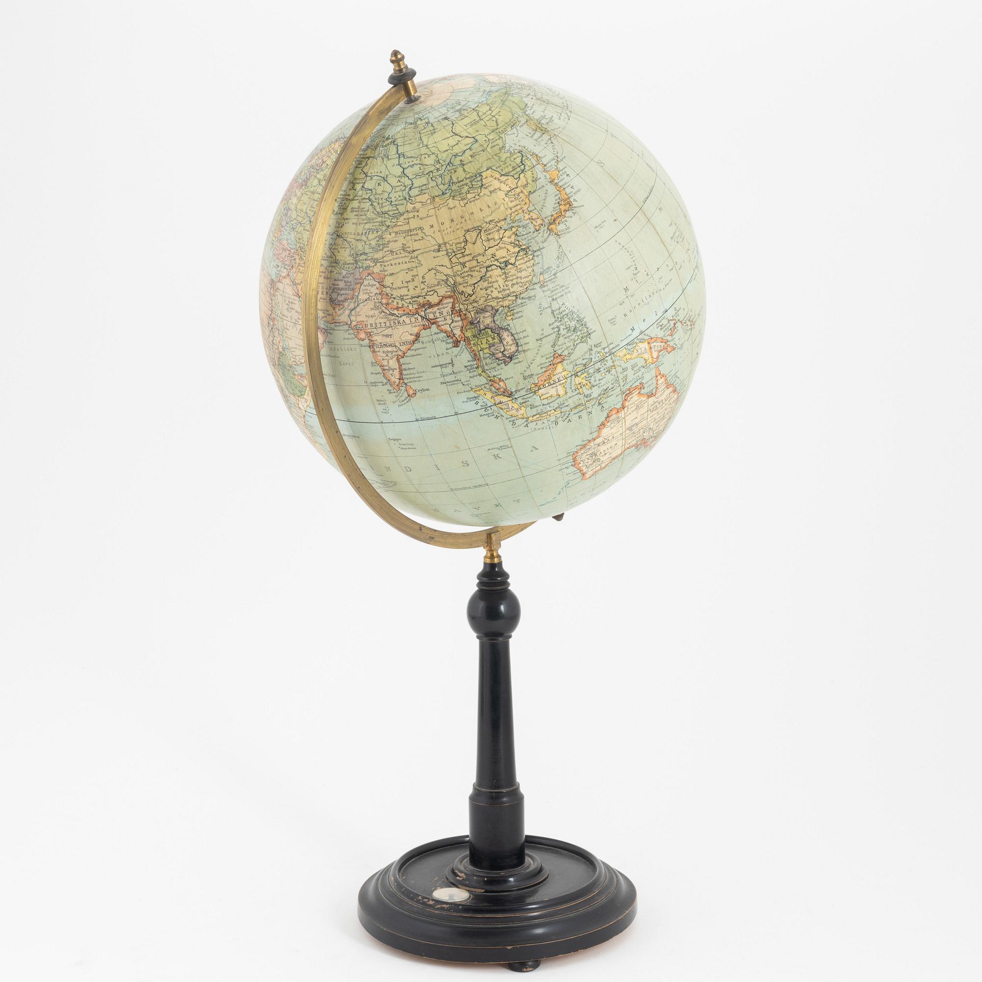 Jordglob, "Professor Dr Krauses Nya Handels- och samfärdsglob", Leipzig, Tyskland, 1910/20-tal.