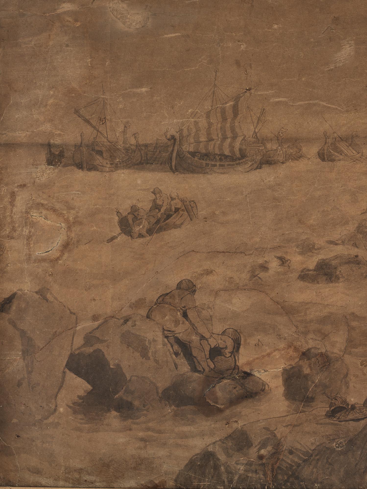 August Malmström och Hans Gude, tuschlavyr på brunt papper förhöjd med vit gouache, signerad Hans Gude och A. Malmström.