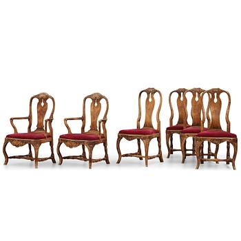 62. A set of six (2+4) Swedish rococo chairs.