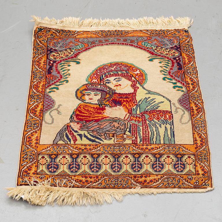 A RUG, semi-antique Kayseri figural 76 x 58 cm.