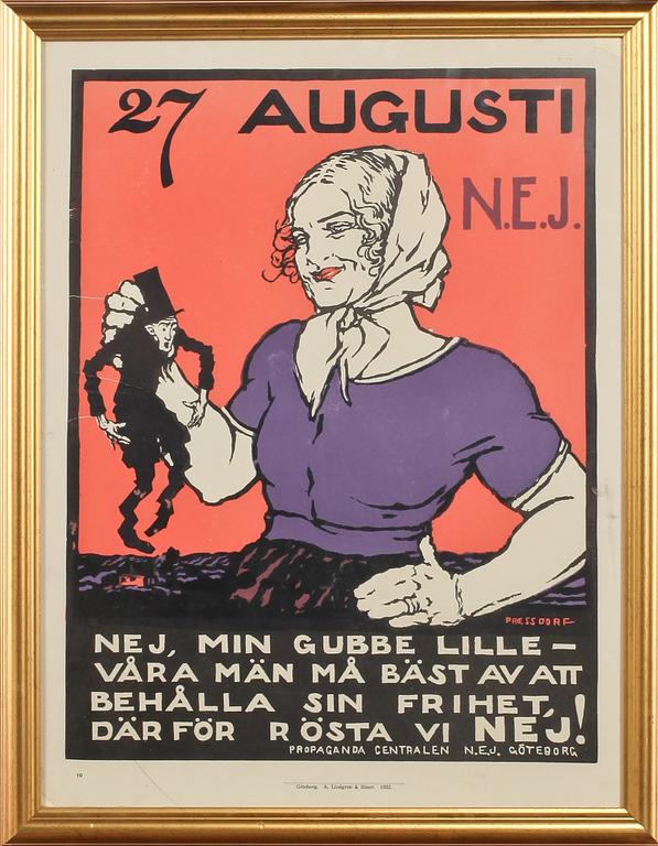 FÖRBUDSAFFISCH, Alfred Proessdorf, utgiven av Propagandacentralen N.E.J, Göteborg, tryckta hos A. Lindgren & Söner, 1922.