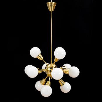 a brass and glas "Sputnik"-model ceiling light from the second half of the 20th century. Height ca 100 cm.