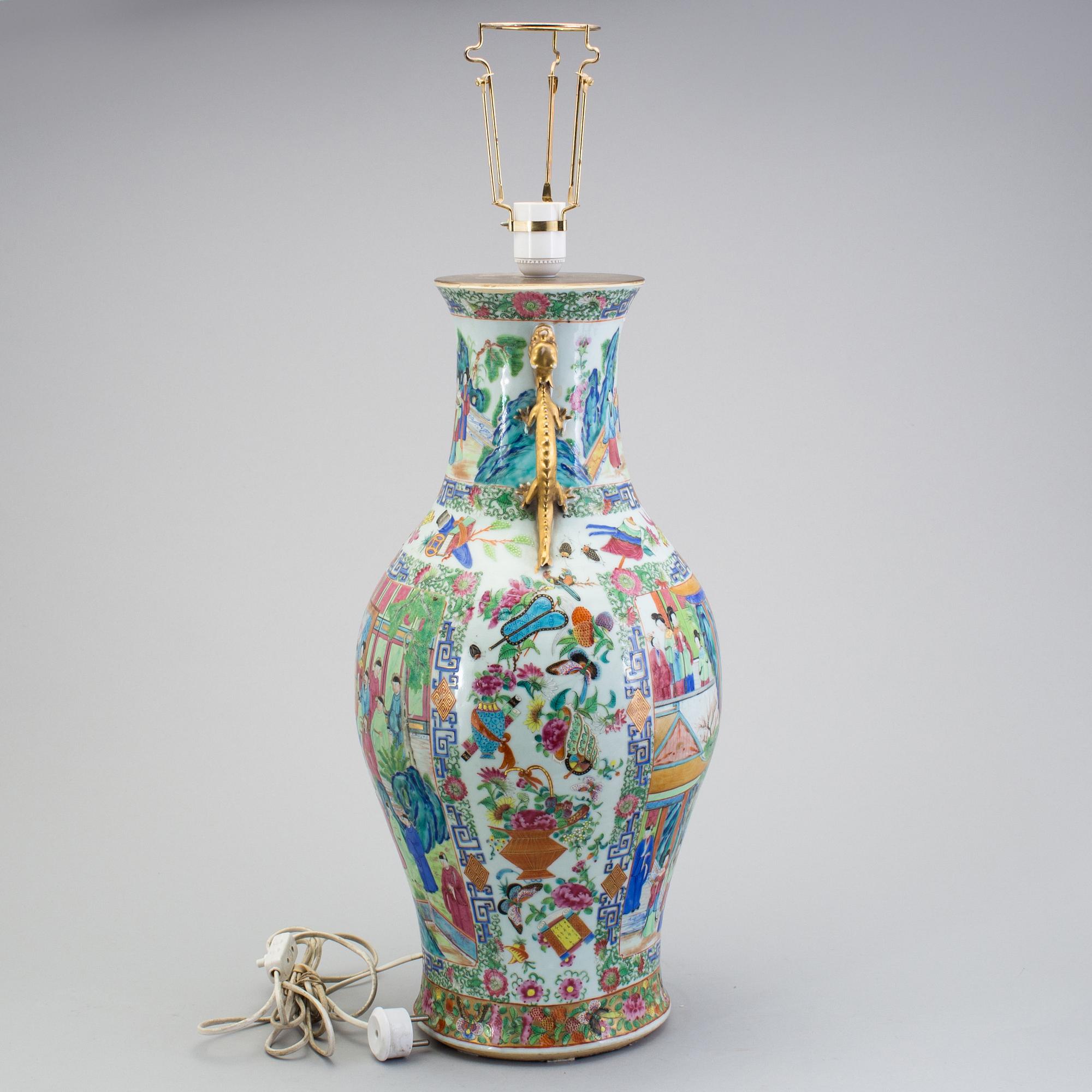 A CHINESE CANTON PORCELAIN VASE, 19th century, now a table lamp.