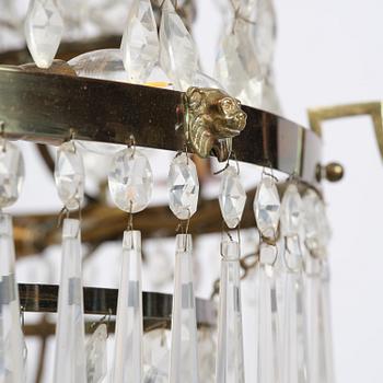 A late Gustavian gilt brass and cut glass seven-light chandelier, circa 1800.
