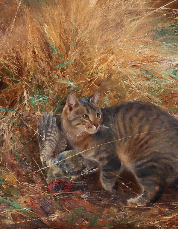 Bruno Liljefors, Cat with European green woodpecker.