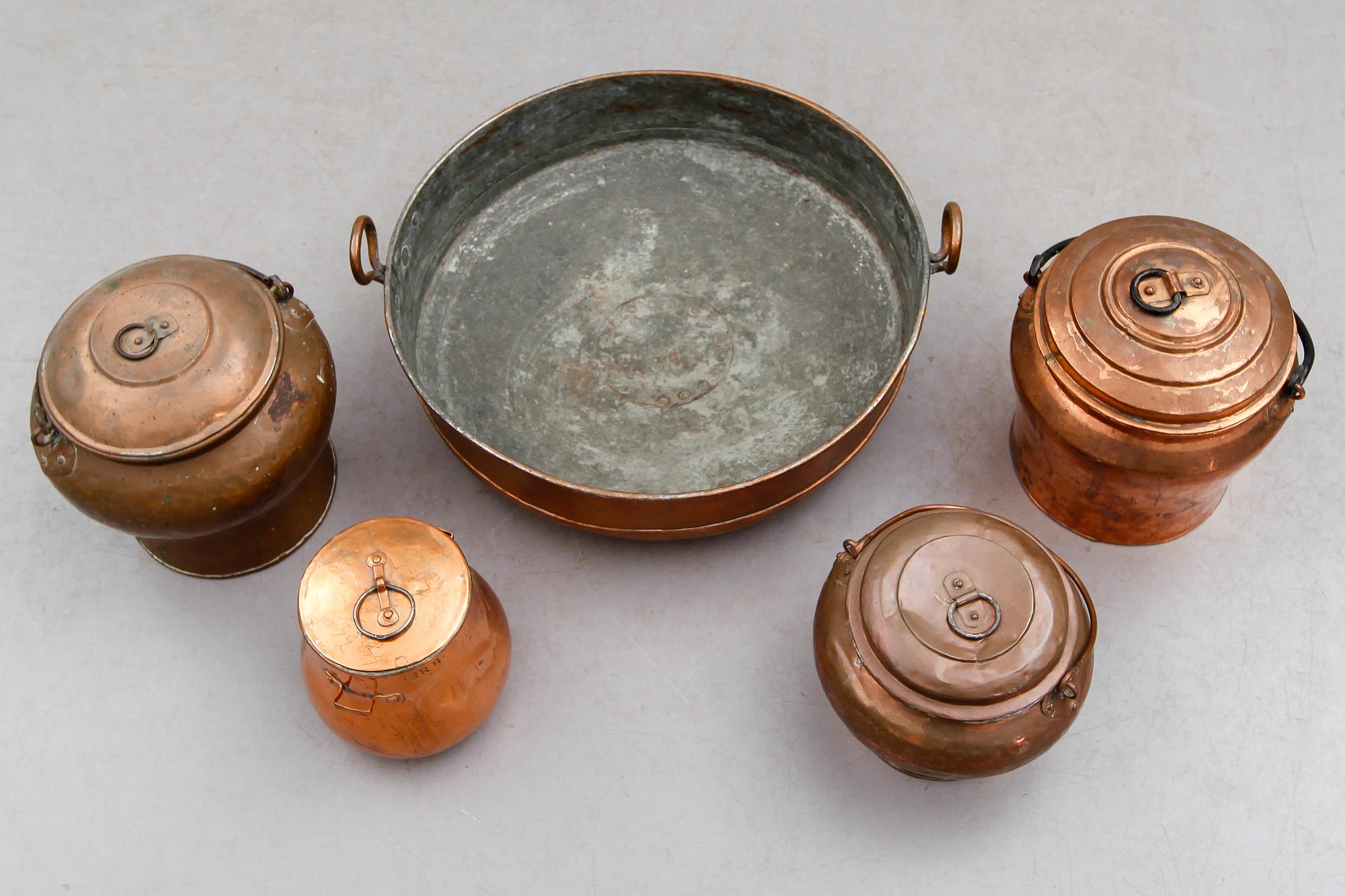 SAMLING KOPPARFÖREMÅL, 5 delar, 1800-tal.