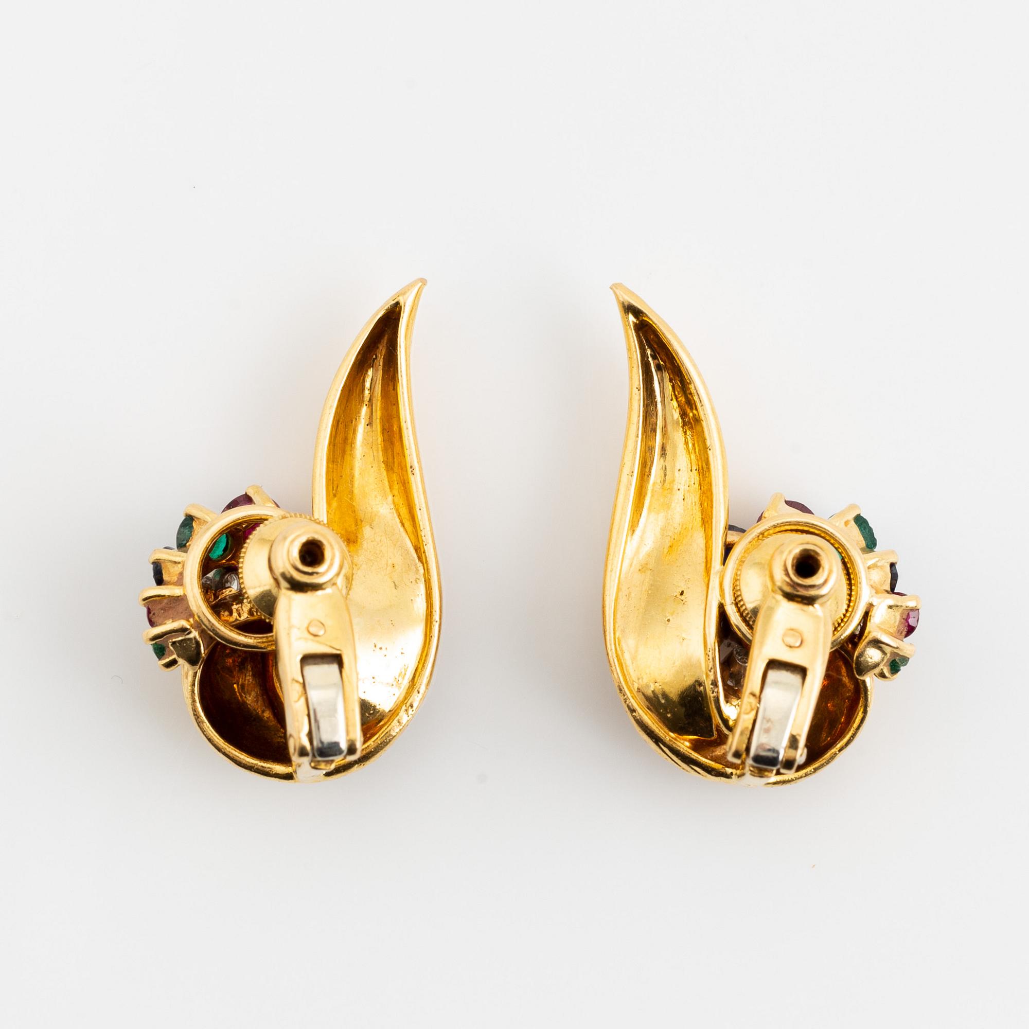 A pair of 18K gold earrings set with round brilliant-cut diamonds and colored stones.