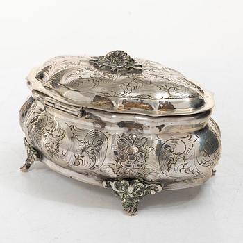 Sugar box, silver, Rococo style, Swedish import mark.