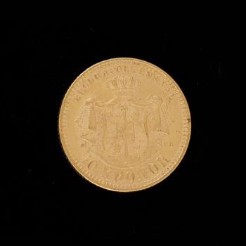 GULDMYNT, 10 kronor, Oscar II, 1894. Vikt ca 5 gram.
