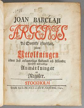 JOAN BARCLAJI, Argenis, Stockholm 1740.
