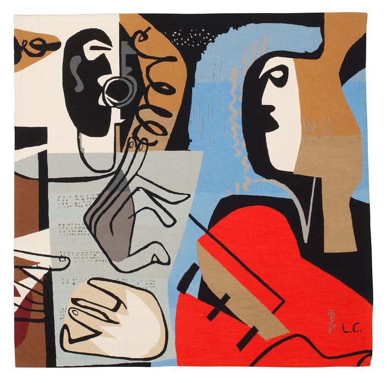 TAPESTRY. "Les Musiciena Nes". Flat weave. 124 x 124,5 cm. Signed MTP L.C.